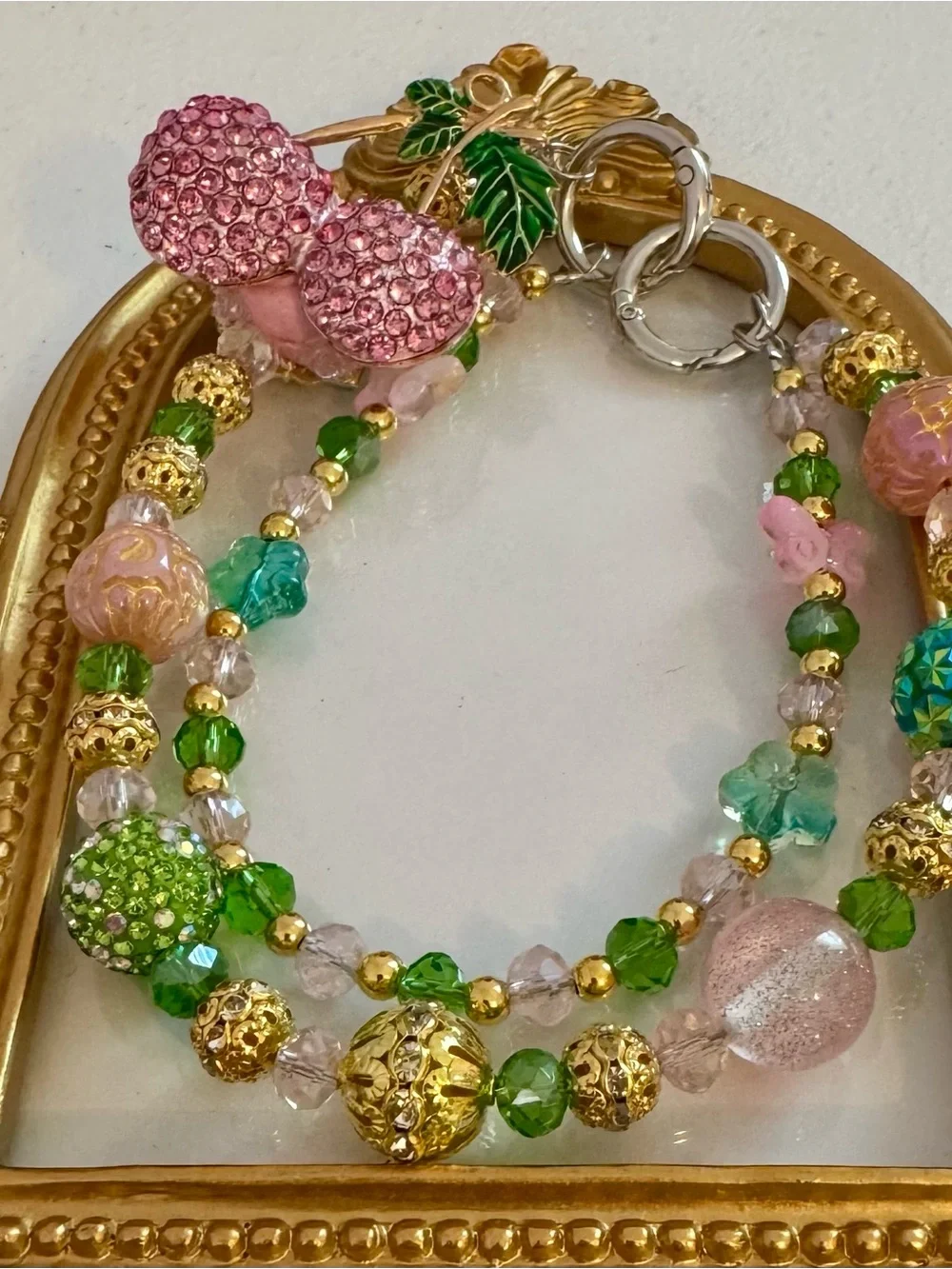 New Pink Cherries & Green Beaded Phone Chain
